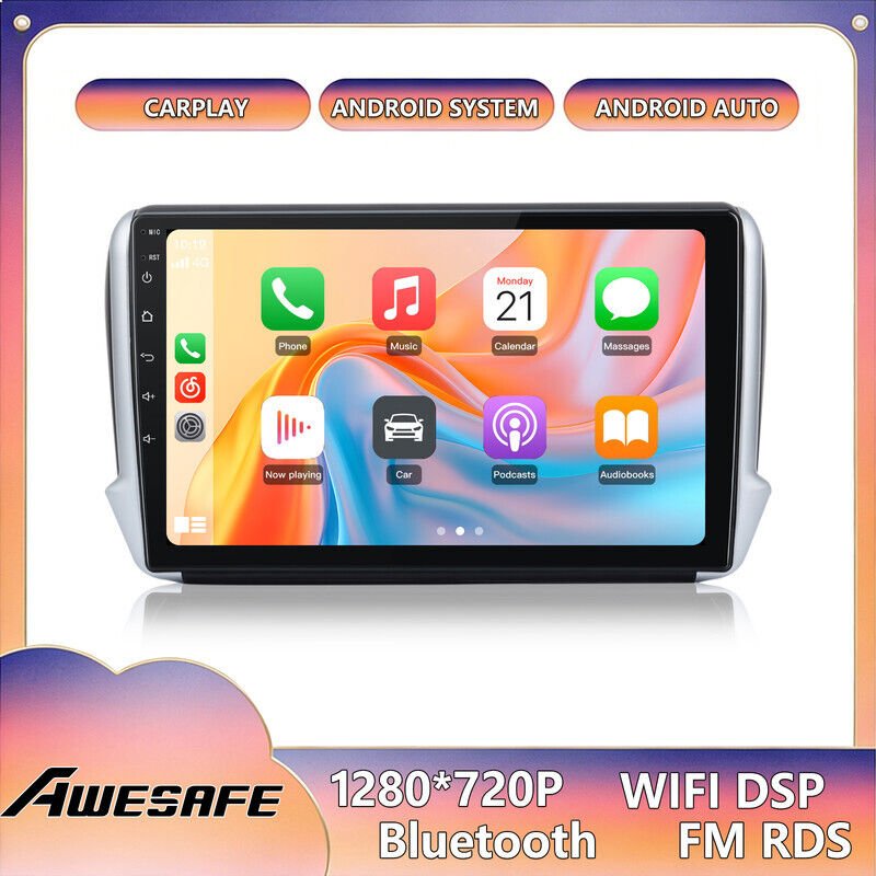 AWESAFE Autoradio Android 13 für 208/2008 (2GB+32GB) 9'' Bildschirm CarPlay Android Auto GPS Bluetooth WiFi FM RDS SWC