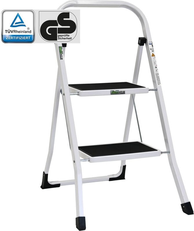 Baumarktplus - Trittleiter 2 Stufen klappbar tüv/gs 150 kg Anti-Rutsch Haushaltstritt Klapptritt Leiter in weiß
