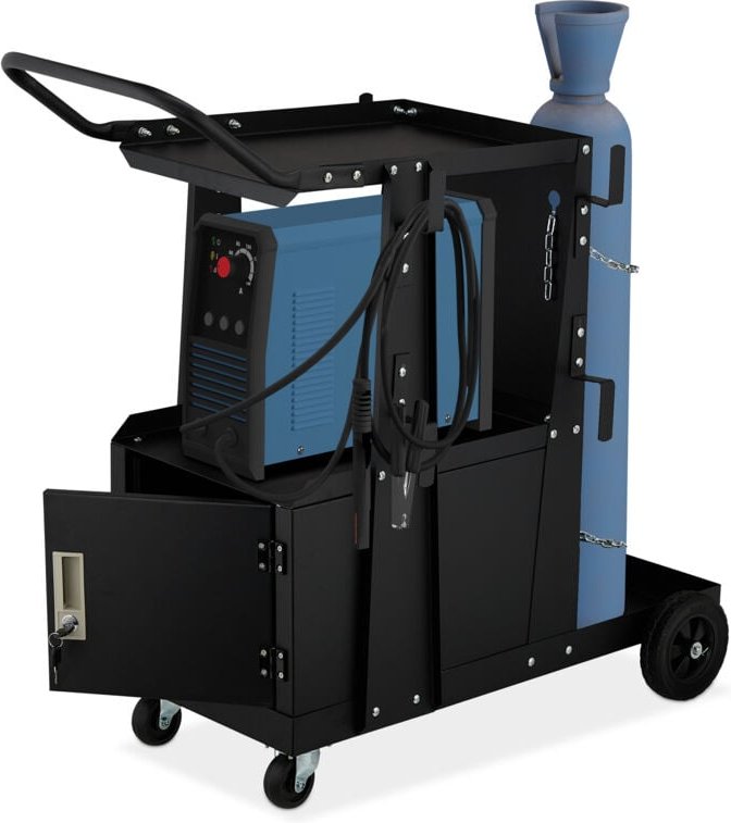 Schweißwagen, 3 Ablagen, Tür, Stellplatz für Gasflasche, Schweißgerätewagen, 110 kg, hbt: 89x47x97 cm, schwarz - Relaxda...
