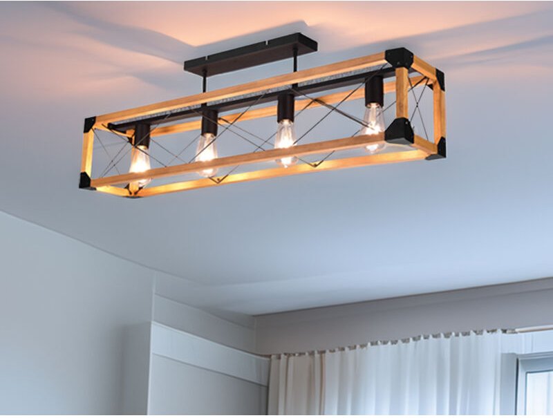 Trio Lighting - Deckenleuchte tenali 4-flammig mit Holzbalken Metall Schwarz, Breite 100cm