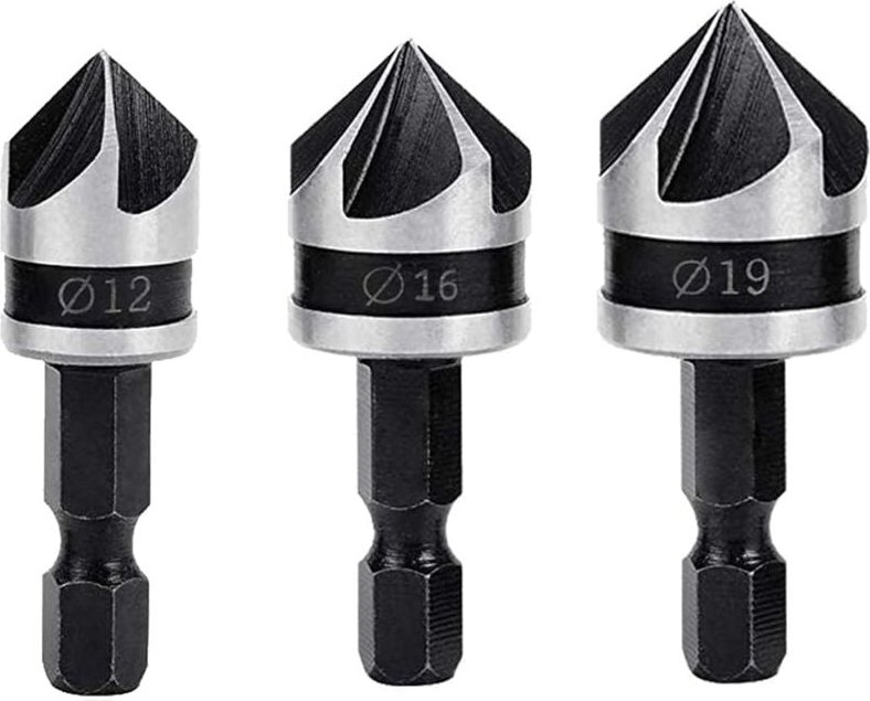 Stück Senkerfräser, 90 Grad, 5 Nuten, Senker, Senker, 12 mm/16 mm/19 mm, Holzsenker, 1/4 Zoll Sechskantbohrer, Karbonsta...