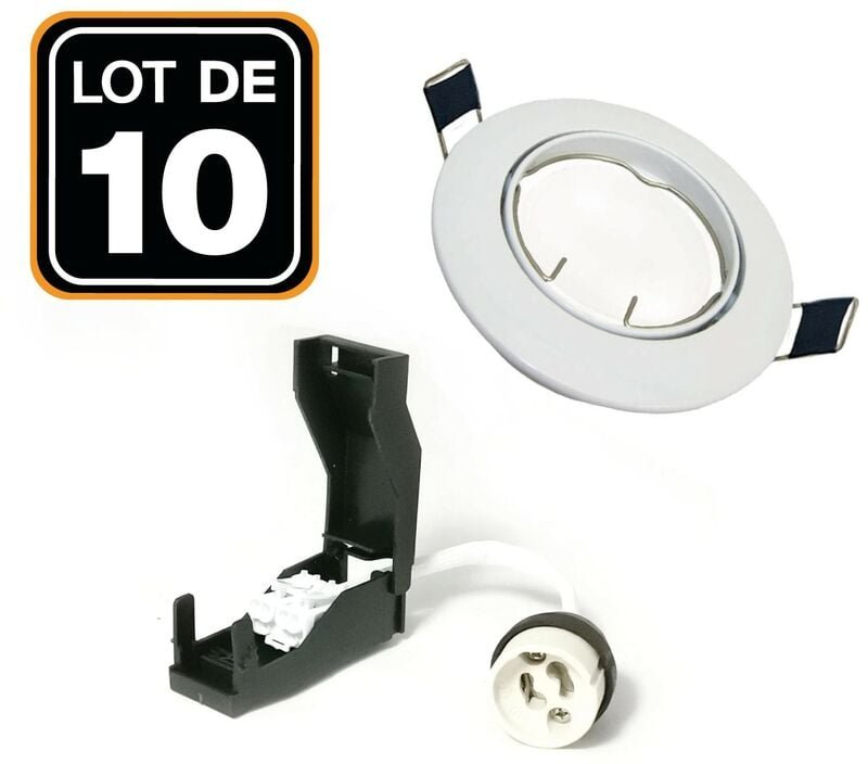 Europalamp - 10 Keramikfassungen GU10 Klasse 2 + 10 verstellbare Halterungen Weiß