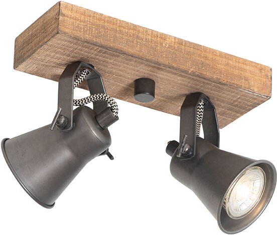 Ländlicher Strahler schwarz mit Holz 2-flammig verstellbar - Jelle