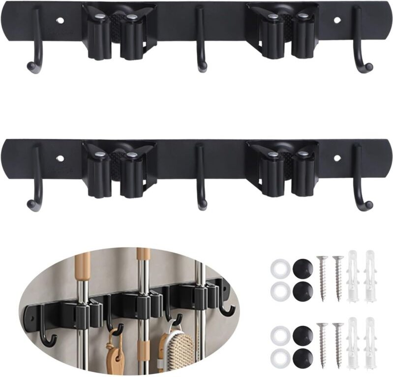 Stück Besenhalter zur Wandmontage, 2 Halterungen + 3 Haken, Besenhalter aus Edelstahl, schwarz, zur Wandmontage, Besenha...
