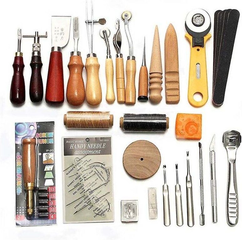 37-teiliges Lederbearbeitungswerkzeugset zum Nähen, Stanzen, Schnitzen und Sattelkerben von Hand