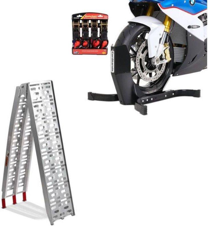 Alu-Ladebordwand max. 340 kg faltbar + Set Ständer Radkeil Motorrad vorne mit Easy Plus Ratschenriemen
