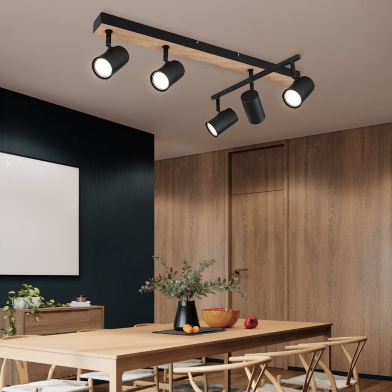 Deckenstrahler schwarz Spot Deckenleuchte Spotleiste 5 flammig, Metall mdf Holzoptik skandinavisch, 5x GU10 Fassungen, L...