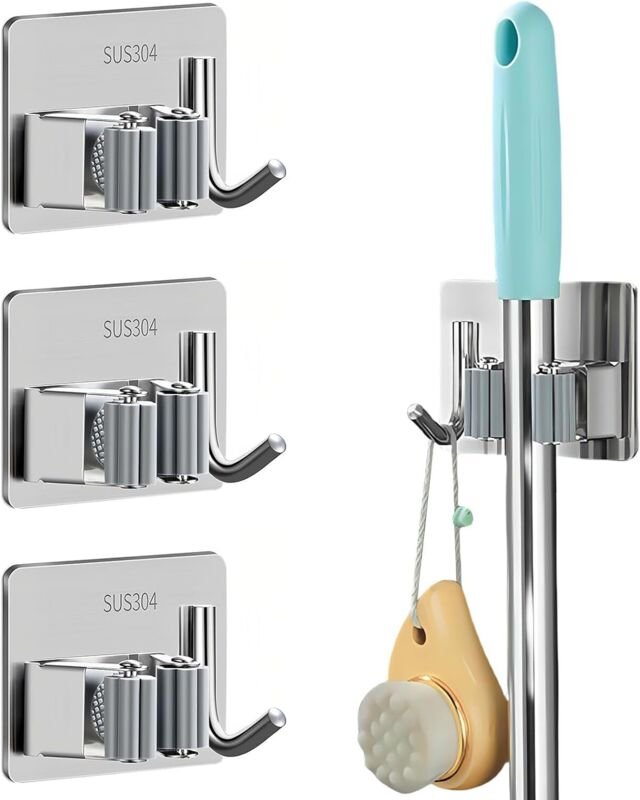 Wandmontierter Besenhalter mit Haken, 3-teiliger wandmontierter Besenhalter aus Edelstahl, kein Bohren erforderlich, sel...