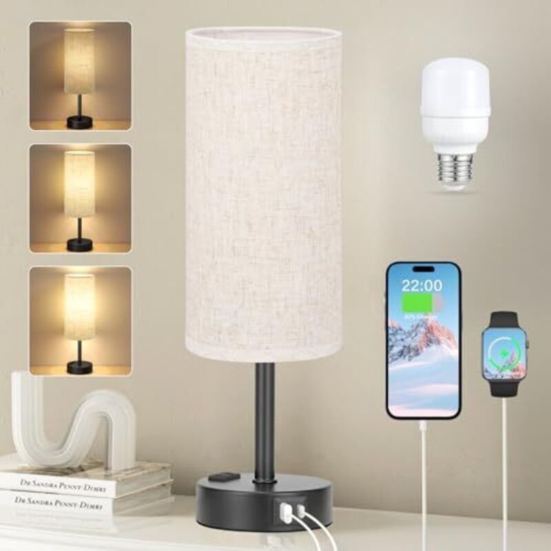 Nachttischlampe Touch Dimmbar, Tischlampe mit usb A+C+Steckdose Ladefunktion, Lampenschirm aus Leinenstoff, Lampe für Na...