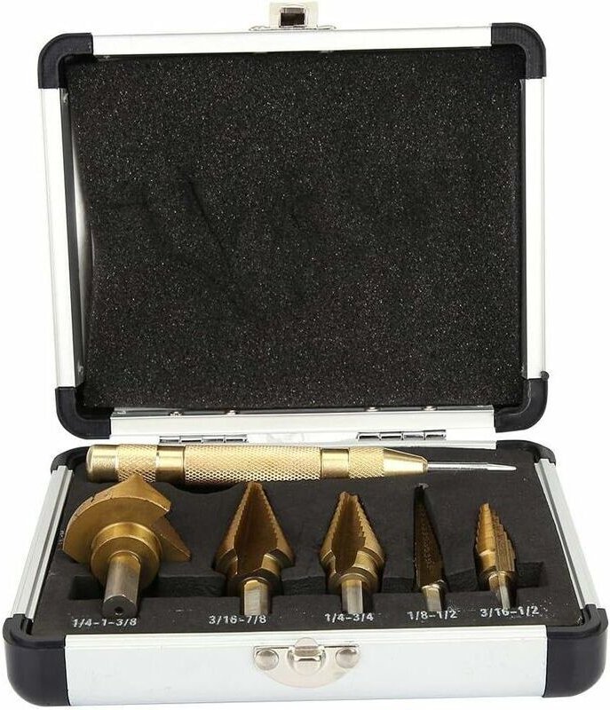 Stufenbohrer, 6-teiliges Titan-HSS-Stufenbohrer-Set mit Zentrierkegel und Aufbewahrungsboxen