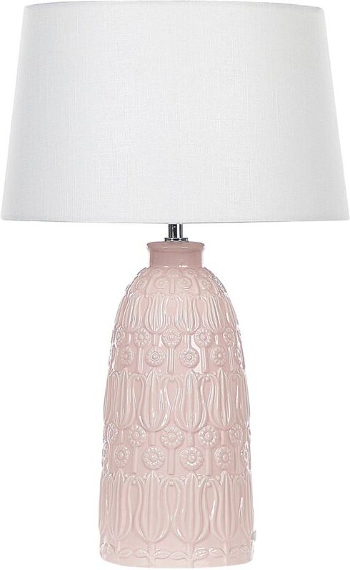 Thumbnail - Tischlampe mit Keramikfuß Rosa 56 cm Blumenmotiv Langes Kabel mit Schalter Lampenschirm aus Baumwolle / Jute in Weiß Woh...