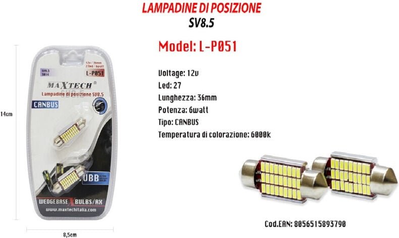 Maxtech - Trade Shop - positionslampen SV8.5 12V 27 led 36 mm 6 watt canbus 6000K L-P051 -