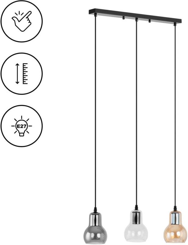 Uniprodo - Pendelleuchte 3 Lampenschirme Rauchglas E27 Hängelampe Hängeleuchte Deckenlampe
