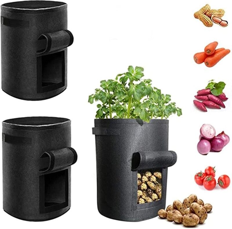 Potato Planter Bag 3 Pcs Round Grow Bag 5/10 Gallons Vegetable Plant Bag with Flap and Handles for Potato, Tomato, Carro...