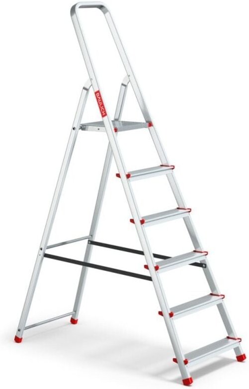 Einfache faltbare Haushaltsleiter aus Aluminium mit 6 Stufen, maximale Tragfähigkeit 125 kg.