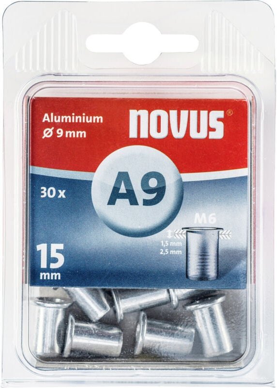 Novus - Blindnietmutter A9/15 M6 Gewinde Alu 30 Stück Blindmuttern