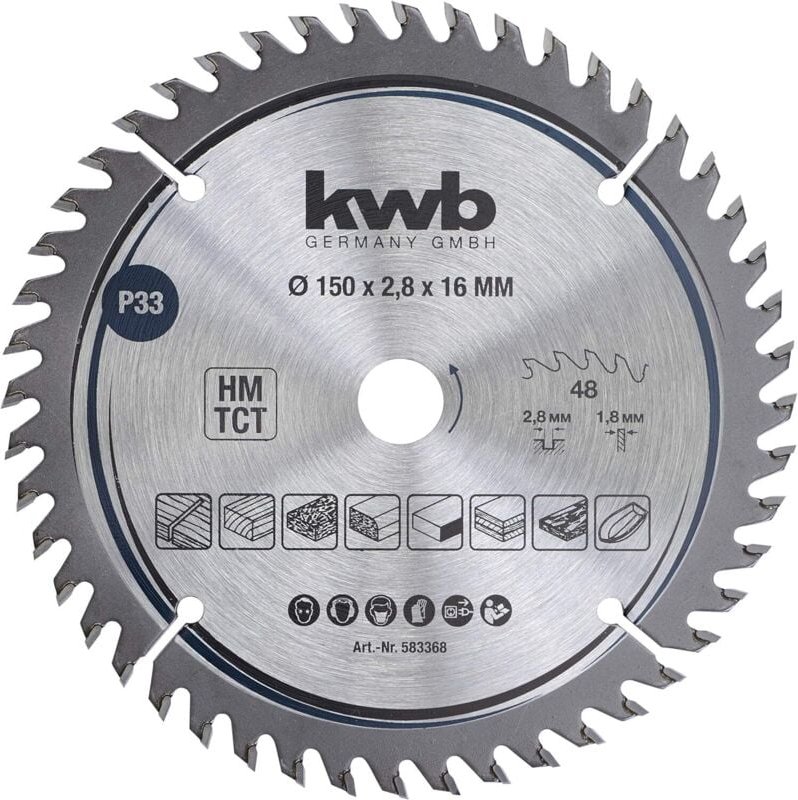 KWB - Kreissägeblatt 150 x 16 mm - Sehr feiner Schnitt - Für Arbeitsplatten, Holz und beschichtete Platten - Hartmetallb...