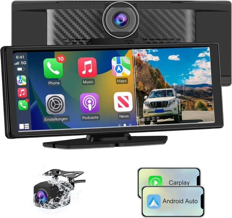 Kabelloses Carplay und Android Auto, Carplay-Autoradio mit 4K-Front-Dashcam, 1080P-Rückkamera inklusive, 10,26-Zoll-Touc...