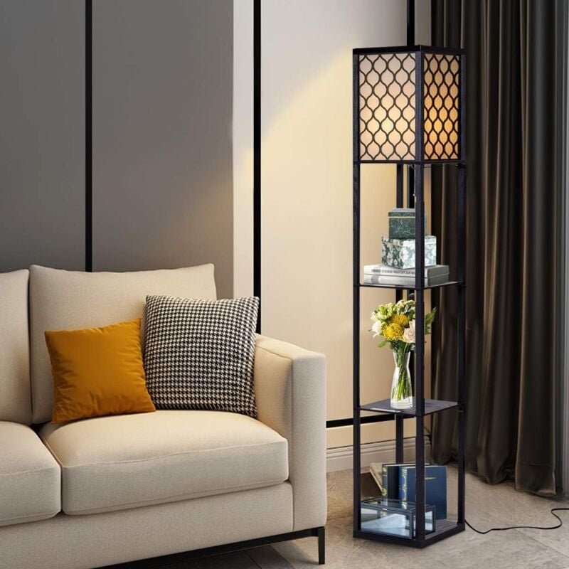 160x26x26cm Stehleuchte Regal, Standleuchte Holz, E27 Stehlampe, Moderne Innenbeleuchtung mit 3-Ebenen, Bodenlampe fuer ...