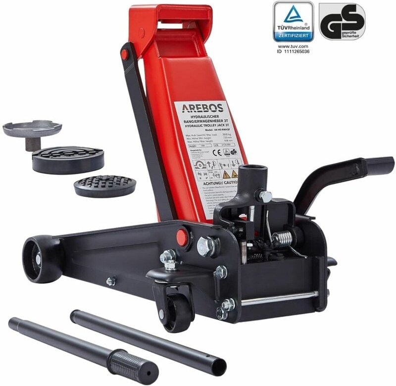 3T Hydraulischer Rangierwagenheber mit integriertem Fußpedal max.Hubhöhe 130-508 mm 2x Gummi-Auflagen - Arebos