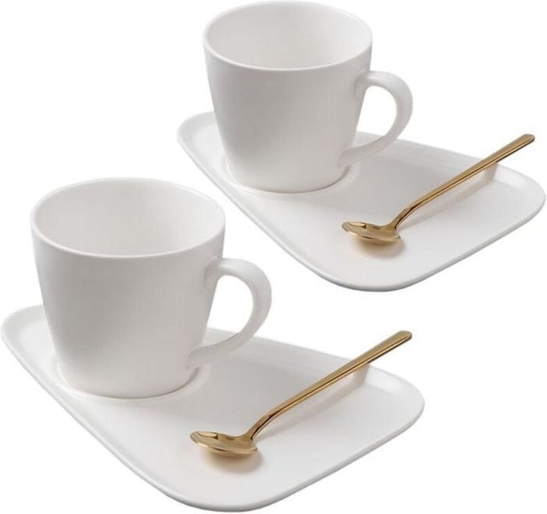 Set mit 2 tassen untertassen und teeloffeln - wei