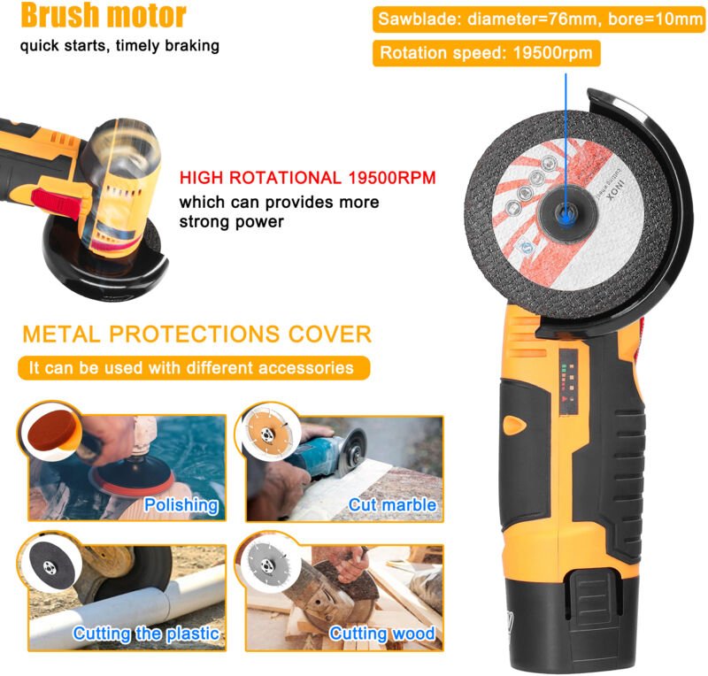 Mini-Winkelschleifer 12 V, 19500 U/min, multifunktionales Schneide- und Polierwerkzeug mit Bürstenmotor, gelbe Farbe, fü...