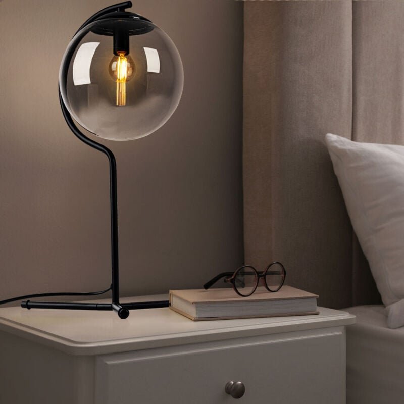 Tischleuchte Beistelllampe Schlafzimmerlampe Glas Tischlampe Wohnzimmerleuchte, Metall schwarz rauchfarben, led 4W 350Lm...