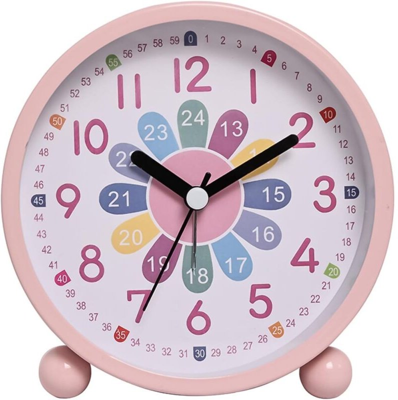 Digitaler Kinderwecker – geräuschlos, pädagogisch wertvoll, analog, Quarzwerk mit Nachtlicht – batteriebetrieben (rosa)