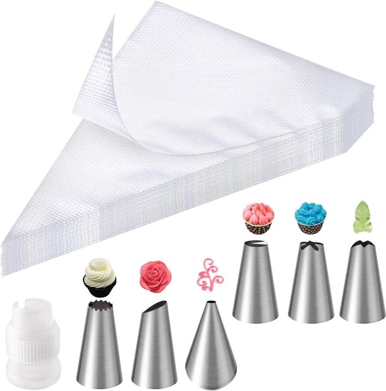 Einweg-Spritzbeutel mit Edelstahl-Tüllen und Adapter, zum Dekorieren von Kuchen, Cupcakes und Gebäck, 100-teiliges Kompl...