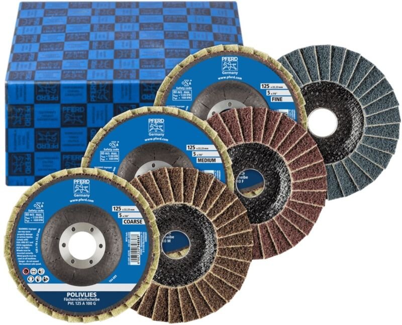 POLIVLIES-Fächerscheiben-Set pvl 3-tlg. Korund ø 125 mm Bohrung ø 22,23 mm A100,180,280 - Pferd