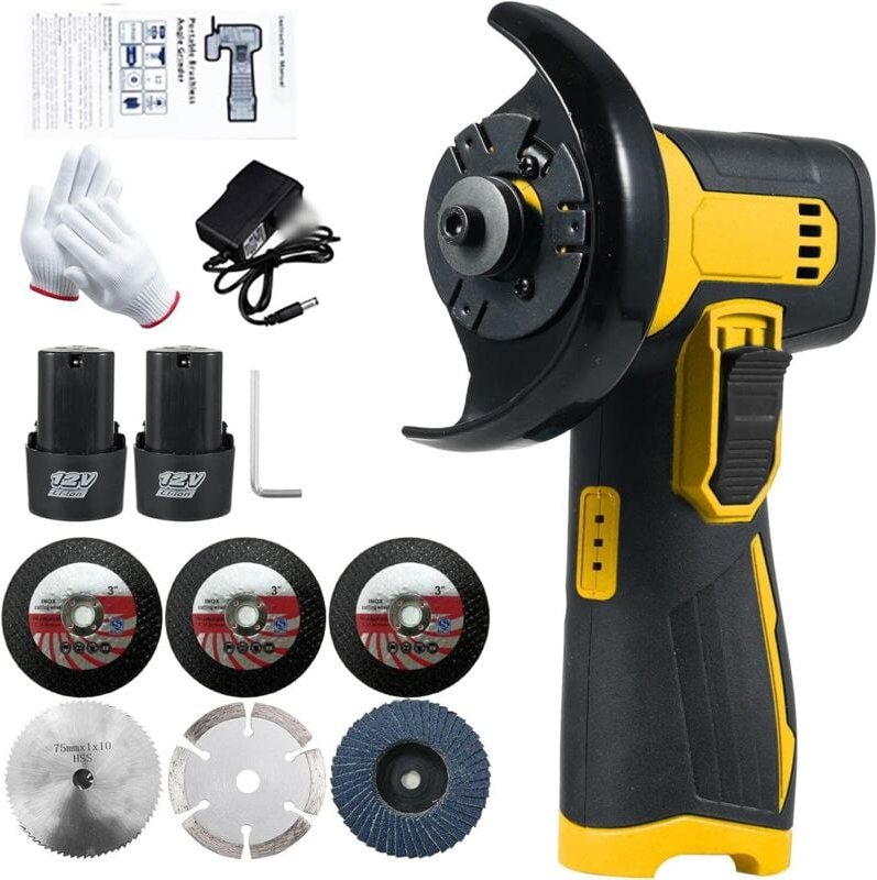 Ej.life - 12 v Mini-Winkelschleifer, 3 Zoll/76 mm Schleifblattdurchmesser, 19500 U/min, Akku-Winkelschleifer, 2 x 1300 m...