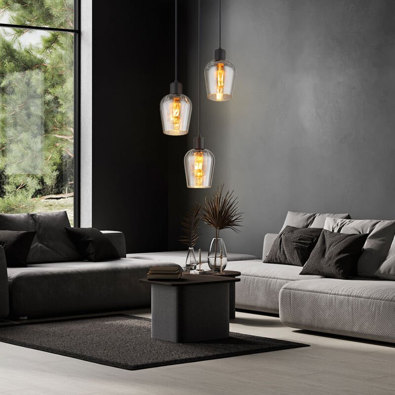 Hängeleuchte Rauchglas Esstischleuchte 3-Flammig Pendelleuchte Glasschirme schwarz, Metall, 3x E27 Fassung, DxH 28,5x150...