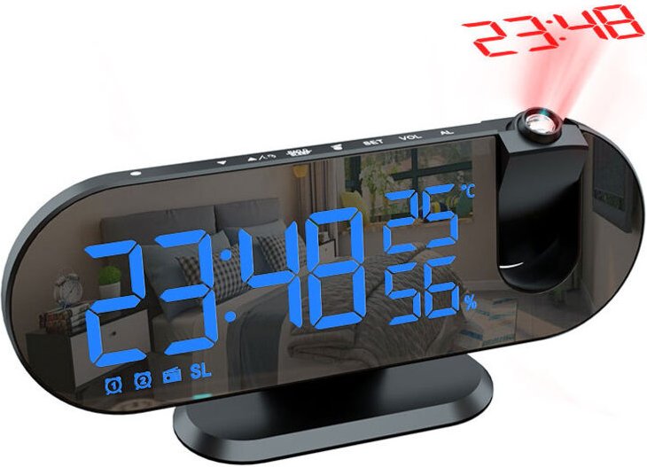 Projektorwecker mit Radio, Digitaluhr, USB-Weckerradio mit Dual-Alarm und LED-Spiegelbildschirm, Schlummerfunktion, 180°...