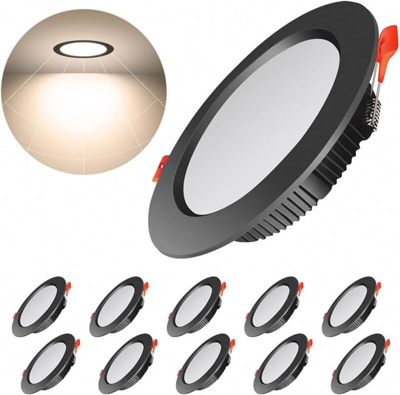 Set mit 10 extraflachen schwarzen LED-Einbauspots, 500 lm, 7 w, runde LED-Deckeneinbauleuchte = 50 w Glühlampe, natürlic...