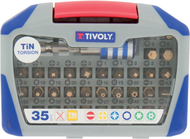 Box mit 35 Teilen – 34 TiN-beschichtete Spiralbits + 1 magnetischer Schnellwechsel-Bithalter - Tivoly