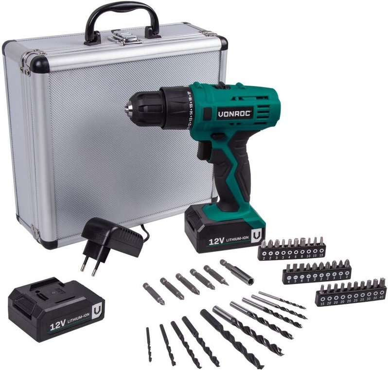 Akku-Bohrmaschine Akku-Bohrer 12-V-Li-Ionen- in stabilem Aluminiumkoffer mit 46 Zubehörteilen, 2 Akkus und Ladegerät
