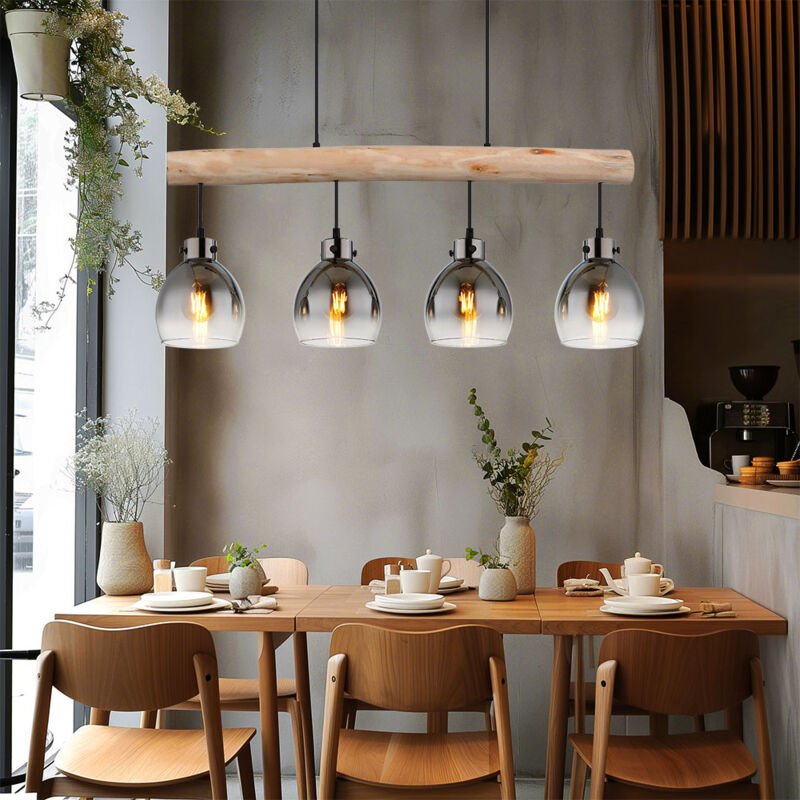 Hängeleuchte Pendellampe Esstischlampe Wohnzimmerleuchte Esszimmerlampe, Metall Holz Glas rauchfarben schwarz, 4 Flammig...