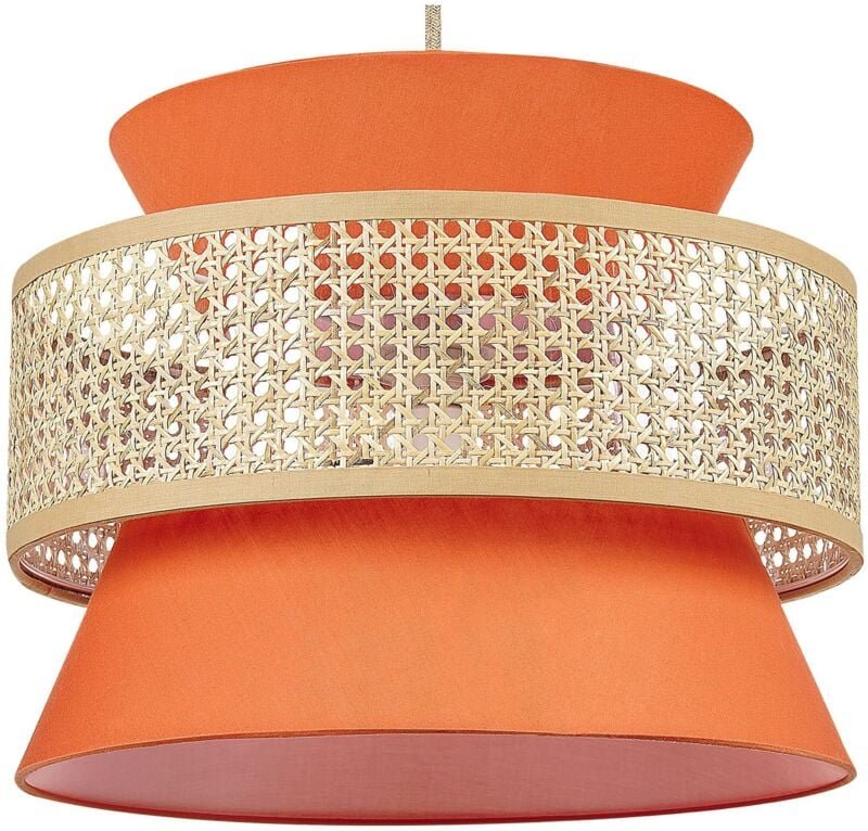 Hängelampe Korallenrot und Naturfarben Rattan mit Stoff 1-Flammig Kegelform Modern Boho Wohnzimmer Esszimmer Beleuchtung...