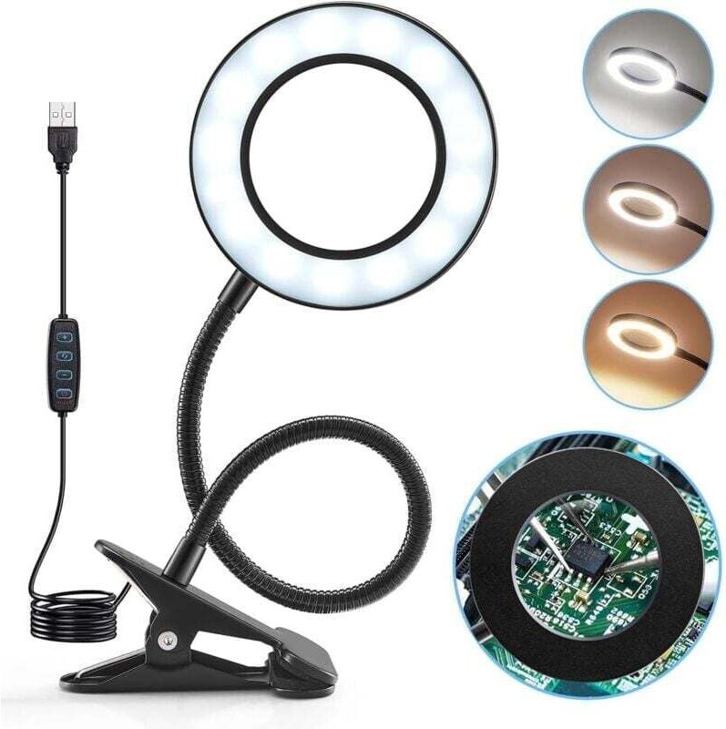 5-fache Vergrößerungslampe, 360° flexible Leselupe, 3-farbige LED-Schreibtischlampe mit 10 Helligkeitsstufen, verstellba...