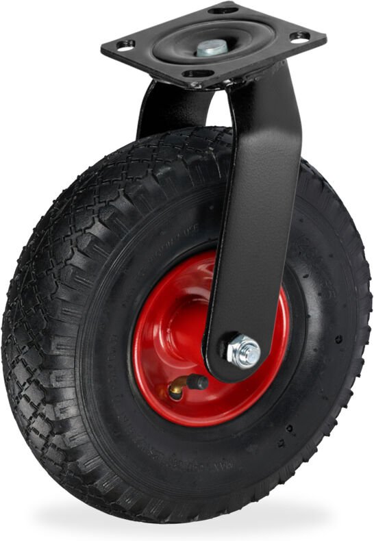 Relaxdays Lenkrolle, luftbereift, 3.00-4, Schwerlast-Transportrolle, Platte zum Anschrauben, bis 120 kg, schwarz/rot