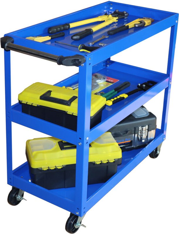Relaxdays Werkstattwagen, Werkzeugwagen mit 3 Ebenen, mobiler Montagewagen, bis 100 kg, HxBxT: 76 x 35 x 78 cm, blau