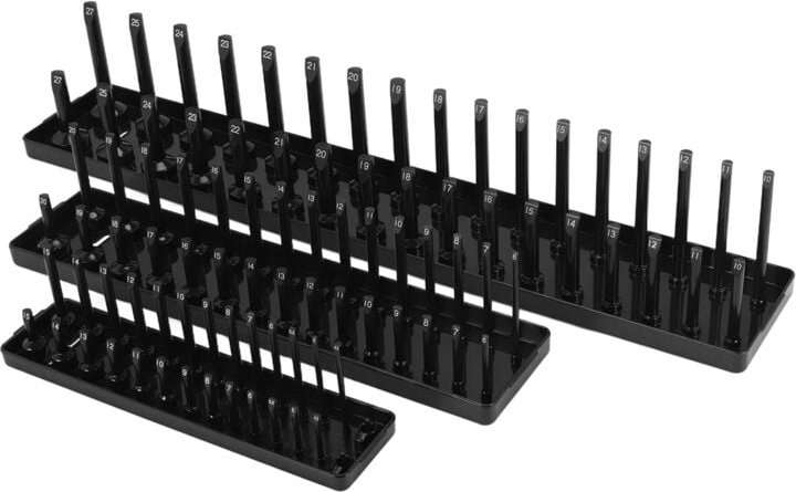 3-teiliges metrisches schwarzes Steckschlüssel-Organizer-Tablett-Set 1/4 Zoll, 3/8 und 1/2 Zoll