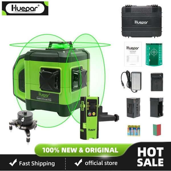 Huepar - Elektronischer selbstnivellierender 3D-Laser mit grünem Strahl – 3 x 360 Kreuzlinie, 130 Fuß, professionelle Wa...