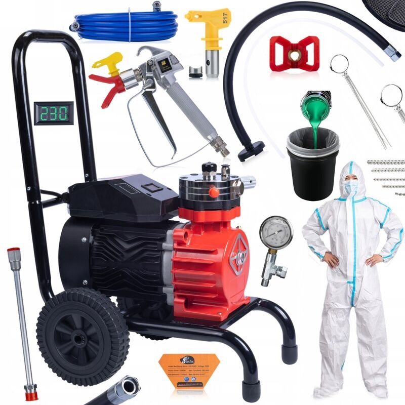 Rosfix Set Farbspritzgerät Red Strong Storm 1100 RSS05 – 3500 W, 22 MPa, 18 l/min Airless-Technologie mit Pistole, Düse ...