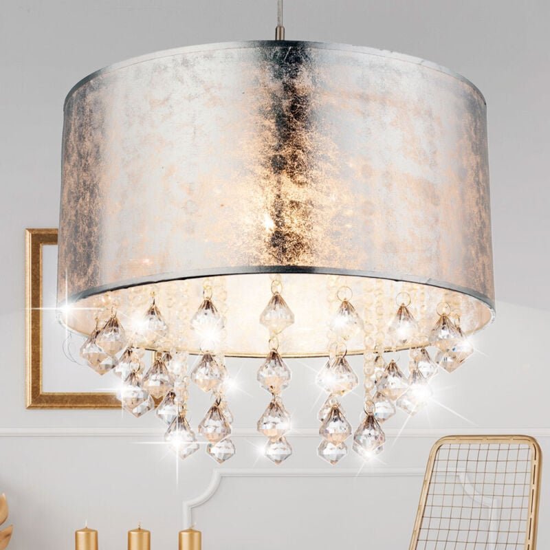 Led Hängeleuchte Textilschirm Pendelleuchte Kristalle silber Hängelampe Esstischleuchte Stoff, Nickel matt, klar, 7W 630...