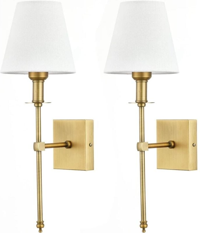 2er-Pack Wandleuchten mit weißem Stoffschirm, goldene Metall-Badezimmer-Innenwandlampe, klassische Wandleuchte für Schla...