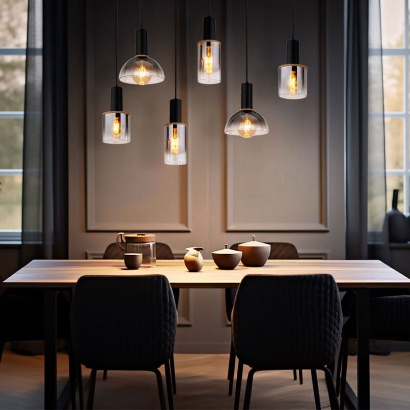 Pendelleuchte Hängelampe Esszimmerleuchte Wohnzimmerlampe, Metall Glas rauchfarben, 6x E27 Fassungen, LxBxH 77x33x120 cm
