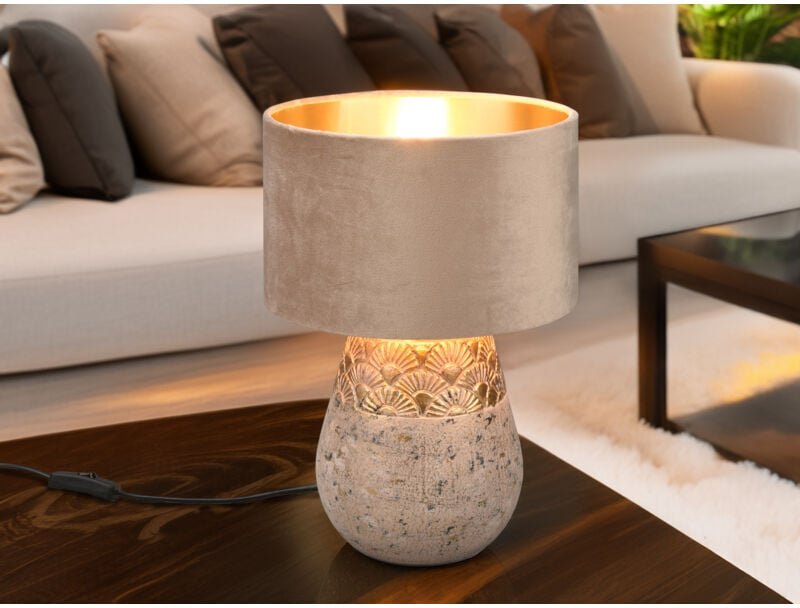 Tischleuchte kiran Keramikfuß Grau mit Samtschirm Beige Gold, Höhe 38cm