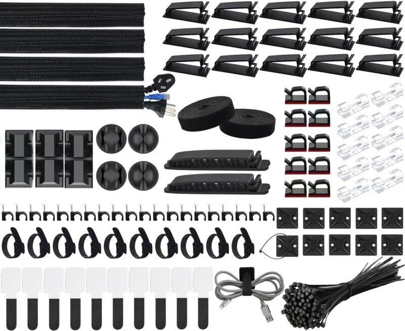 Vtizikl 200 Pièces Kit de Gestion des Câbles, 4 Manchon de Câble Gaine, 3 Clips Câble Organisateur Bureau, 10+2 Attache ...