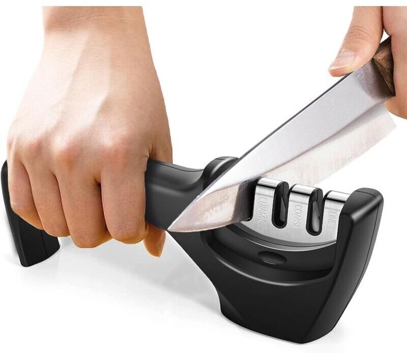 Professioneller manueller Messerschärfer mit 3-stufigem Keramik-, Wolframkarbid- und Diamant-Schärfstein – Küchenmesser-...